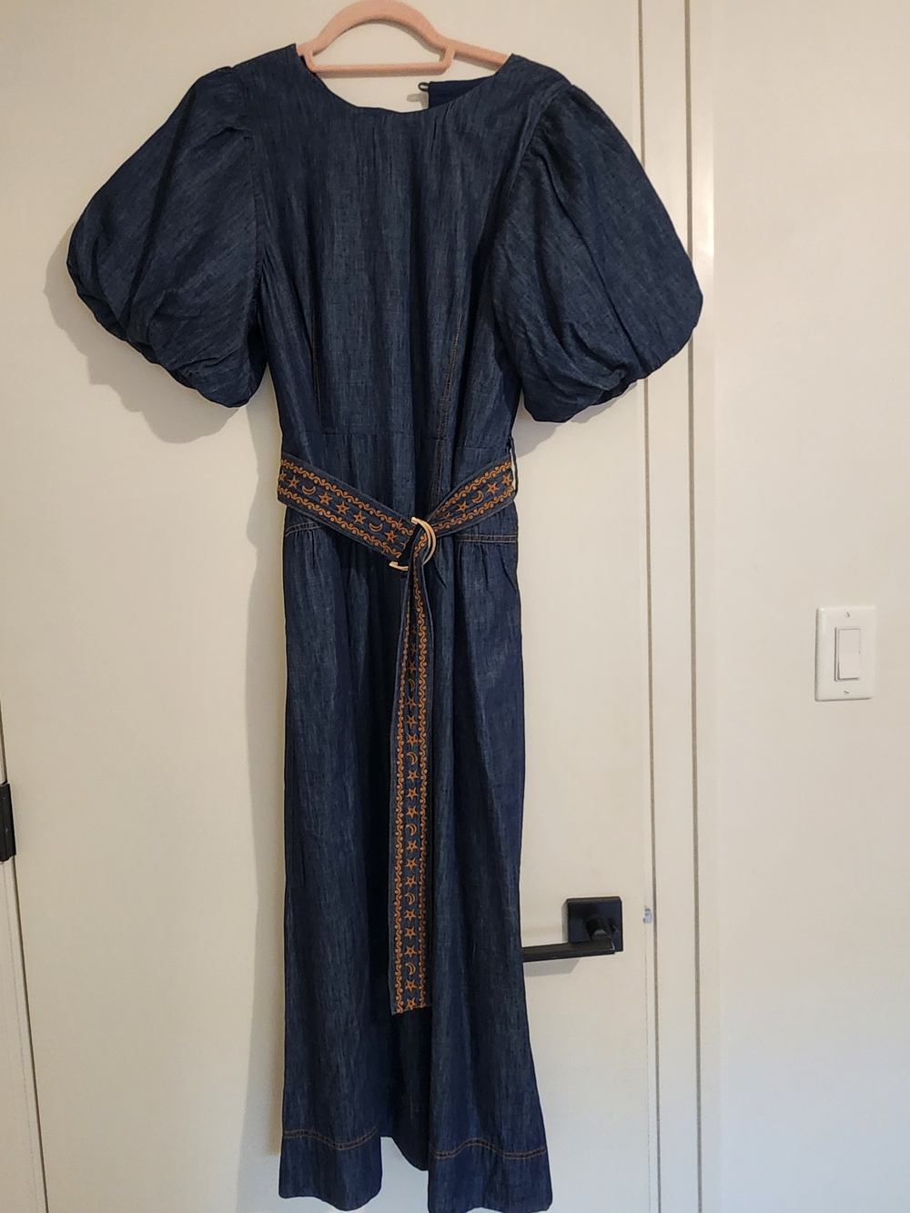 Denim Puff-Sleeve Maxi Dress with Embroidered Belt